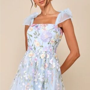Lulus Classic Romance Blue 3D Floral Applique Tie-Strap Mini Dress